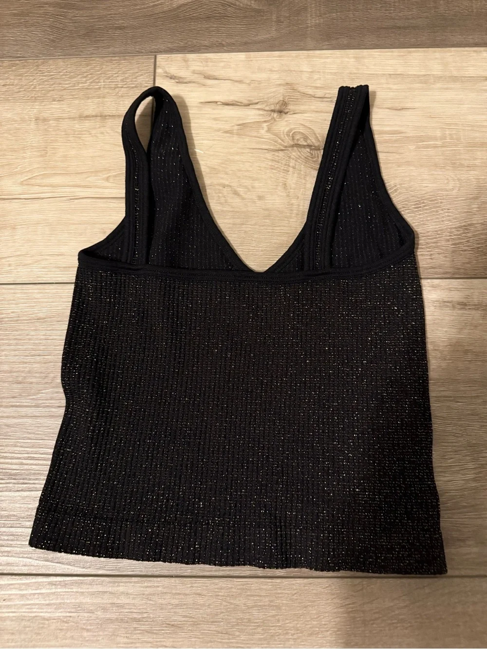 Free People Black Metallic Ribbed V-Neck Tank